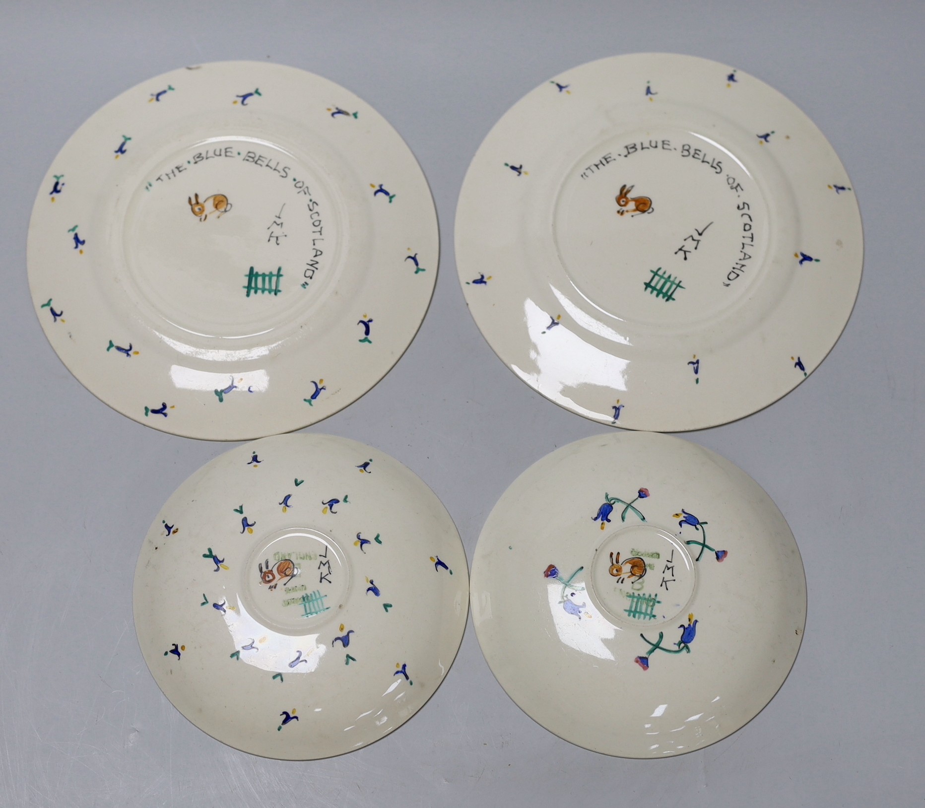 Jessie Marion King (1875-1949). The bluebells of Scotland teaset for two settings, including teapot, two cups and saucers and two tea plates